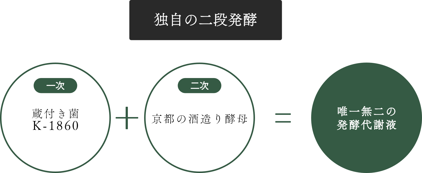 【独自の二段発酵】一次 蔵付き菌K-1860＋二次 京都の酒造り酵母＝唯一無二の発酵代謝液